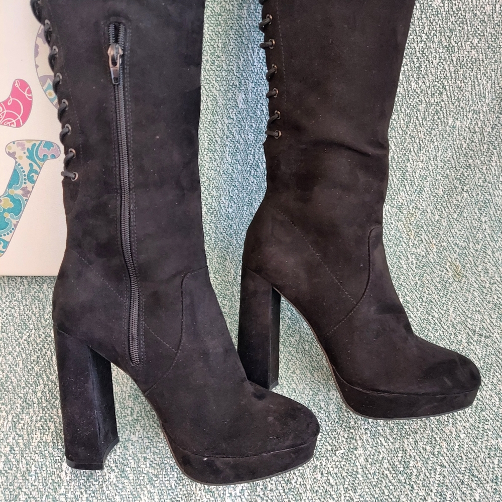 F21 OTK Boots, Womens 8, Rear Lace-up + High Heel + Platform - Picture 9 of 14